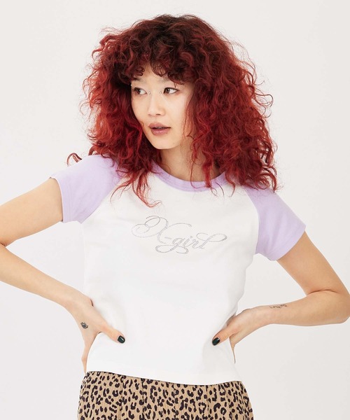 X-girl（エックスガール）の「RHINESTONE LOGO S/S RAGLAN BABY TEE（Tシャツ/カットソー・レディース・ネイビー/ホワイト/ブラック・M/S）」の9枚目の写真