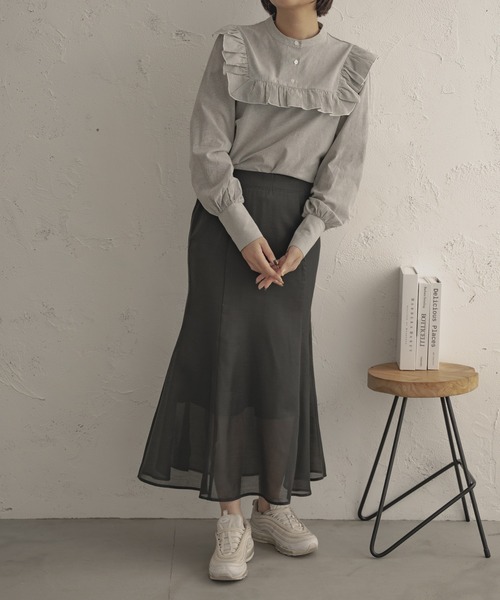 Ambre Ciel（アンブルシエル）の「ストライプフリルシャツ／【WEB/EC限定商品】（シャツ/ブラウス・レディース・ライトベージュ/ブルー/ブラック・FREE）」の10枚目の写真