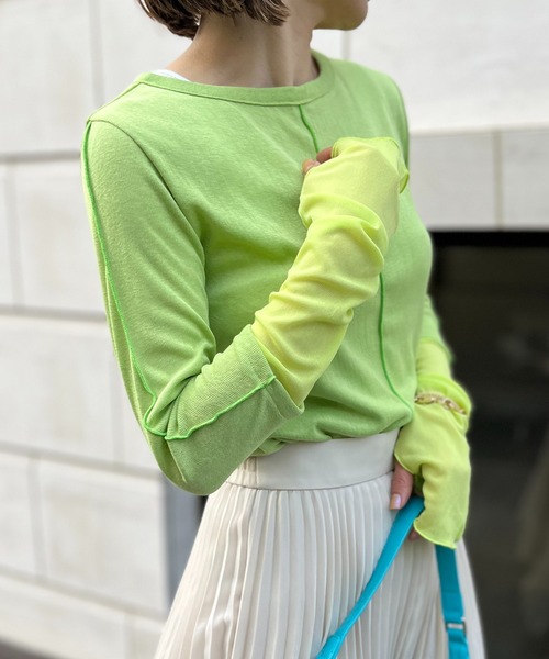 mi via loca（ミヴィアロカ）の「メランジフライス袖チュールトップス（Tシャツ/カットソー・レディース・ライム/ナチュラル/イエロー・FREE）」の3枚目の写真