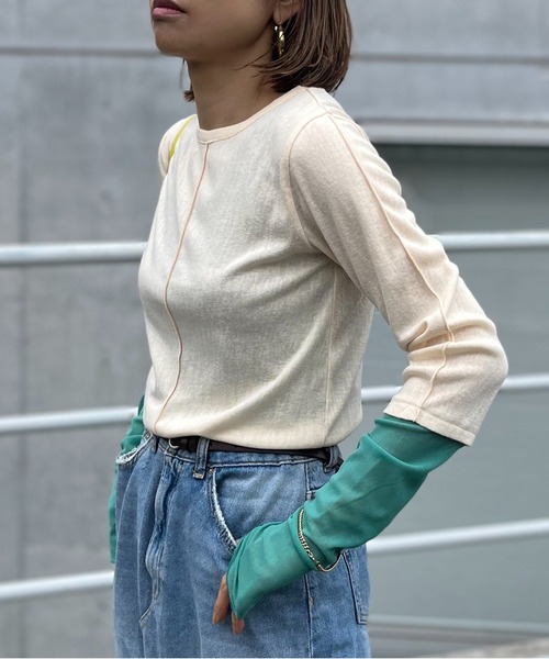 mi via loca（ミヴィアロカ）の「メランジフライス袖チュールトップス（Tシャツ/カットソー・レディース・ライム/ナチュラル/イエロー・FREE）」の4枚目の写真