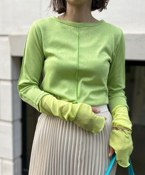 mi via loca（ミヴィアロカ）の「メランジフライス袖チュールトップス（Tシャツ/カットソー・レディース・ライム/ナチュラル/イエロー・FREE）」の12枚目の写真