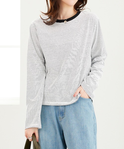 CHAN ME(チャンミ)の「細ボーダー長袖Tシャツ(Tシャツ/カットソー・レディース・ブラック/ホワイト・MEDIUM/LARGE/X-LARGE)」の1枚目の写真