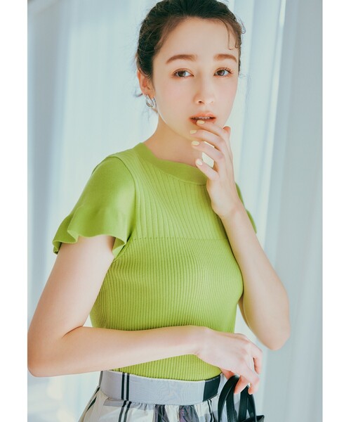 index(インデックス)の「◆オーガニックコットン フリルリブニット【UV/洗濯機洗い可】(ニット/セーター・レディース・黄緑系/オフホワイト/ブラック/ピンク・42/40/38/36)」の3枚目の写真