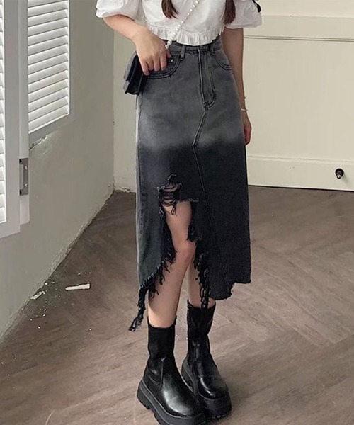 GLAMOROUS JANE(グラマラスジェーン)の「ハイダメージスリットデニムスカート(デニムスカート・レディース・ブラック/ブルー・M/L)」の3枚目の写真