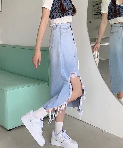GLAMOROUS JANE(グラマラスジェーン)の「ハイダメージスリットデニムスカート(デニムスカート・レディース・ブラック/ブルー・M/L)」の8枚目の写真