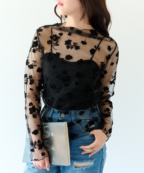 ECRIRE(エクリール)の「花柄 シアー メロー トップス(Tシャツ/カットソー・レディース・ブラック/サックスブルー/アイボリー・M)」の10枚目の写真