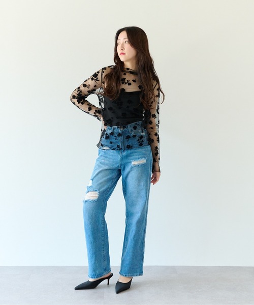 ECRIRE(エクリール)の「花柄 シアー メロー トップス(Tシャツ/カットソー・レディース・ブラック/サックスブルー/アイボリー・M)」の14枚目の写真