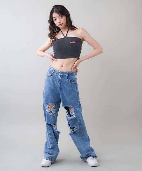 SPINNS（スピンズ）の「【セットアップ対応商品】カップ付き ワンポイントデザイン デニムベアトップ（チューブトップ・レディース・ブラック/ブルー/サックスブルー・ONESIZE）」の6枚目の写真