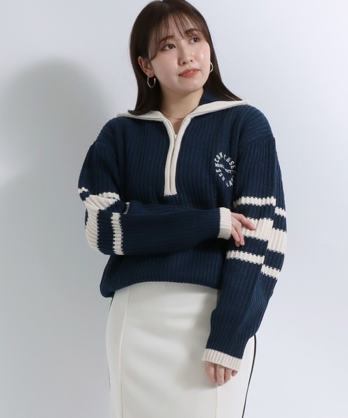 CONVERSE(コンバース)の「CONVERSE(コンバース)ポロネック ハーフジップニット レディース/ショート丈プルオーバートップス(ニット/セーター・レディース・マスタード/ネイビー/アイボリー・M)」の3枚目の写真
