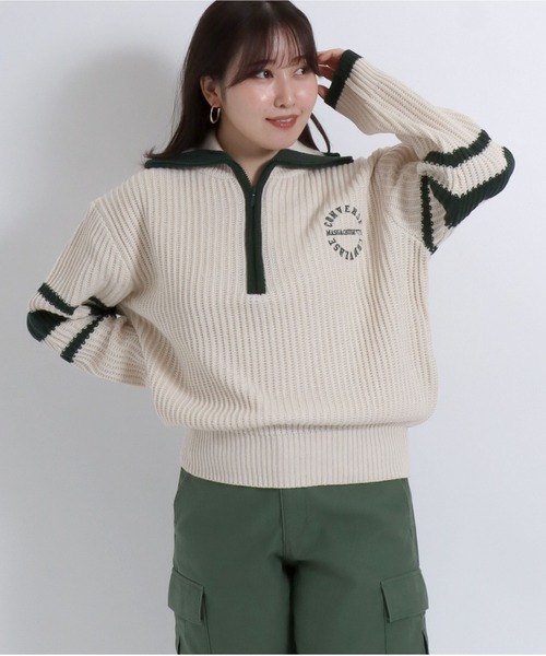 CONVERSE(コンバース)の「CONVERSE(コンバース)ポロネック ハーフジップニット レディース/ショート丈プルオーバートップス(ニット/セーター・レディース・マスタード/ネイビー/アイボリー・M)」の15枚目の写真