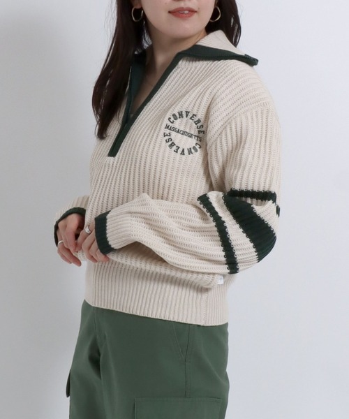 CONVERSE(コンバース)の「CONVERSE(コンバース)ポロネック ハーフジップニット レディース/ショート丈プルオーバートップス(ニット/セーター・レディース・マスタード/ネイビー/アイボリー・M)」の14枚目の写真