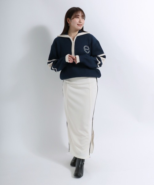 CONVERSE(コンバース)の「CONVERSE(コンバース)ポロネック ハーフジップニット レディース/ショート丈プルオーバートップス(ニット/セーター・レディース・マスタード/ネイビー/アイボリー・M)」の7枚目の写真