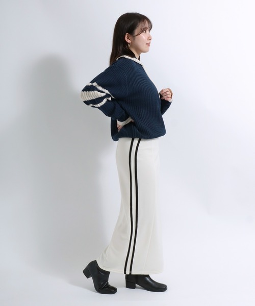 CONVERSE(コンバース)の「CONVERSE(コンバース)ポロネック ハーフジップニット レディース/ショート丈プルオーバートップス(ニット/セーター・レディース・マスタード/ネイビー/アイボリー・M)」の8枚目の写真