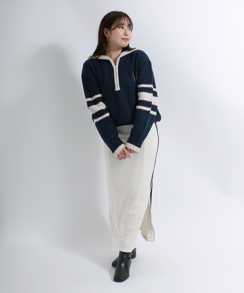 CONVERSE(コンバース)の「CONVERSE(コンバース)ポロネック ハーフジップニット レディース/ショート丈プルオーバートップス(ニット/セーター・レディース・マスタード/ネイビー/アイボリー・M)」の9枚目の写真