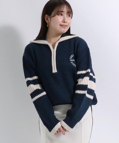 CONVERSE(コンバース)の「CONVERSE(コンバース)ポロネック ハーフジップニット レディース/ショート丈プルオーバートップス(ニット/セーター・レディース・マスタード/ネイビー/アイボリー・M)」の5枚目の写真
