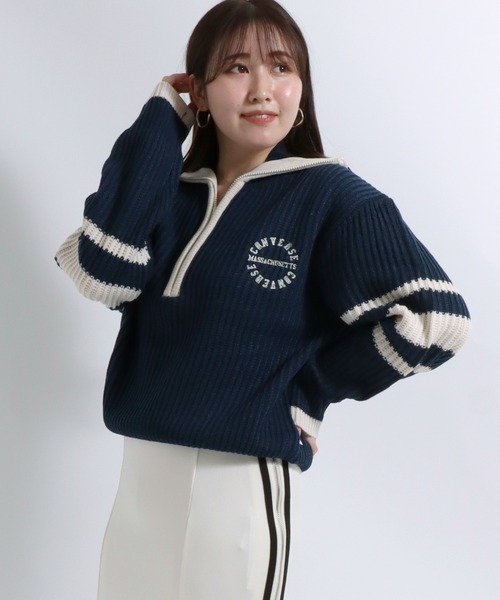 CONVERSE(コンバース)の「CONVERSE(コンバース)ポロネック ハーフジップニット レディース/ショート丈プルオーバートップス(ニット/セーター・レディース・マスタード/ネイビー/アイボリー・M)」の6枚目の写真