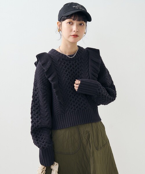 FREAK'S STORE（フリークスストア）の「ケーブル フリルニット/プルオーバーニット（ニット/セーター・レディース・キャメル/オフホワイト/ネイビー・ﾌﾘ-）」の18枚目の写真