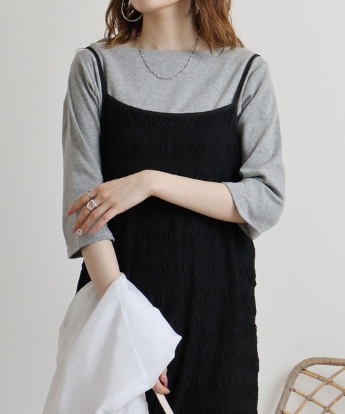 atONE(アットワン)の「atONE ボートネック七分袖プルオーバー(Tシャツ/カットソー・レディース・ブラック/カーキ/オフホワイト/チャコールグレー/杢グレー・L/LL/3L/4L/M)」の4枚目の写真