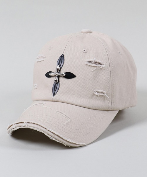 SPINNS(スピンズ)の「クロスデザイン ダメージコットンキャップ(キャップ・メンズ・ベージュ/ブラック/ブラウン・ONESIZE)」の3枚目の写真