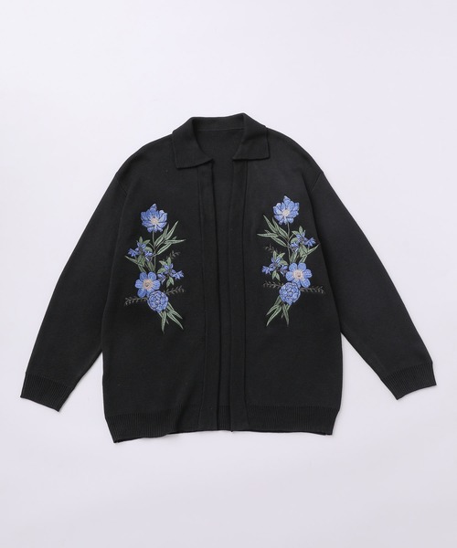 JUNRED(ジュンレッド)の「フラワーブーケボタンレスカーディガン(カーディガン/ボレロ・メンズ・ブラック/オフホワイト・S/M/L)」の4枚目の写真