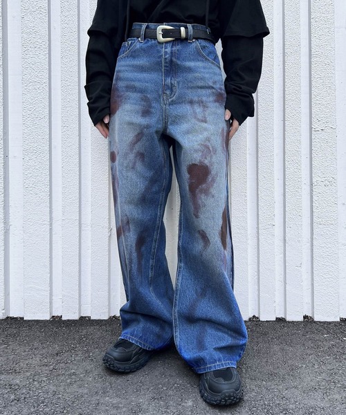 Figments(フィグメンツ)の「ダーティワイドデニムパンツ(デニムパンツ・レディース・インディゴブルー/ブラック・SMALL/MEDIUM/LARGE)」の1枚目の写真