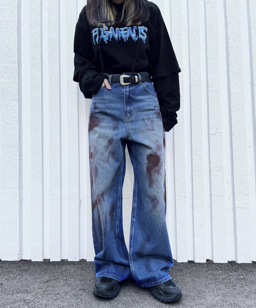 Figments(フィグメンツ)の「ダーティワイドデニムパンツ(デニムパンツ・レディース・インディゴブルー/ブラック・SMALL/MEDIUM/LARGE)」の3枚目の写真