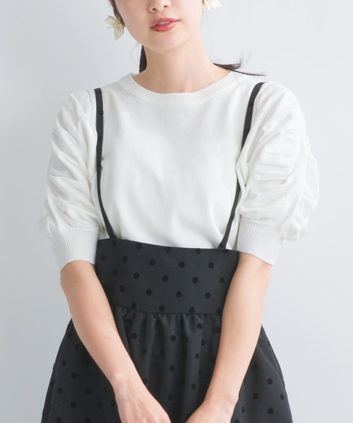 PICCIN（ピッチン）の「袖ギャザー五分袖ニットトップス（ニット/セーター・レディース・ブラック/ブルー/ピンク/オフホワイト・M）」の2枚目の写真