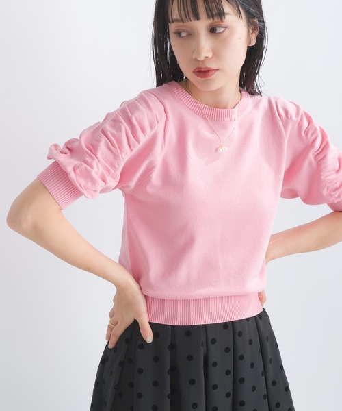 PICCIN（ピッチン）の「袖ギャザー五分袖ニットトップス（ニット/セーター・レディース・ブラック/ブルー/ピンク/オフホワイト・M）」の4枚目の写真