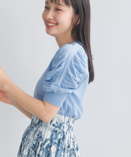 PICCIN（ピッチン）の「袖ギャザー五分袖ニットトップス（ニット/セーター・レディース・ブラック/ブルー/ピンク/オフホワイト・M）」の3枚目の写真