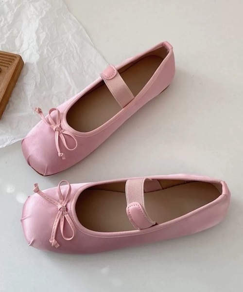 セール】ゴムストラップ リボン バレエシューズ ベルト付き スクエア