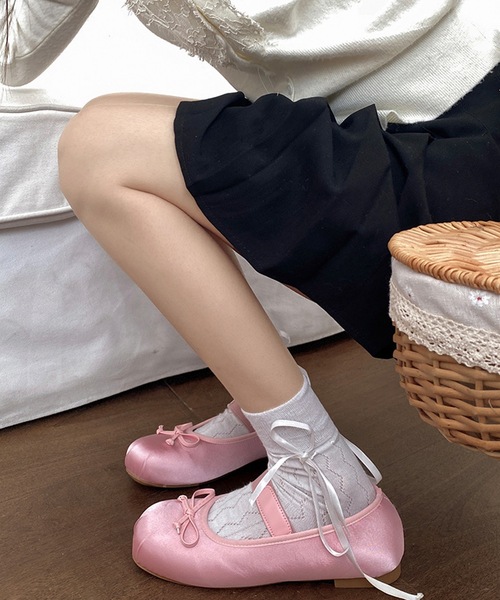 セール】ゴムストラップ リボン バレエシューズ ベルト付き スクエア