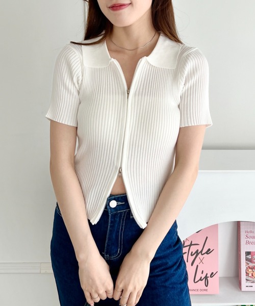 セール】ダブルジップリブトップス（Tシャツ/カットソー）｜SOLLON