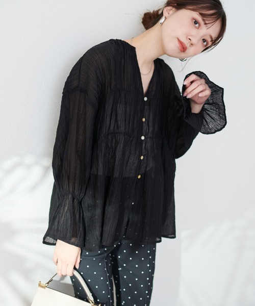 natural couture（ナチュラルクチュール）の「シアー素材キーネックギャザーブラウス（シャツ/ブラウス・レディース・オフホワイト/ブラック/ブルー系その他/ラベンダー・FREE）」の11枚目の写真