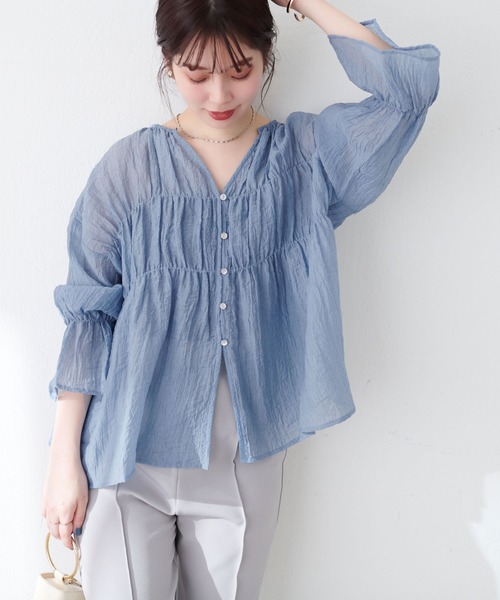 natural couture（ナチュラルクチュール）の「シアー素材キーネックギャザーブラウス（シャツ/ブラウス・レディース・オフホワイト/ブラック/ブルー系その他/ラベンダー・FREE）」の19枚目の写真