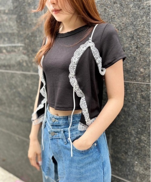 ipugo(イプゴ)の「ipugo/イプゴ レースキャミソールセット 夏物 夏服(Tシャツ/カットソー・レディース・ブラック/ホワイト・FREE)」の9枚目の写真