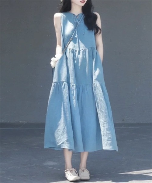 Dream garden(ドリームガーデン)の「ノースリーブティアードワンピース(ワンピース・レディース・ブルー/マスタード・M/L/XL/2XL)」の4枚目の写真