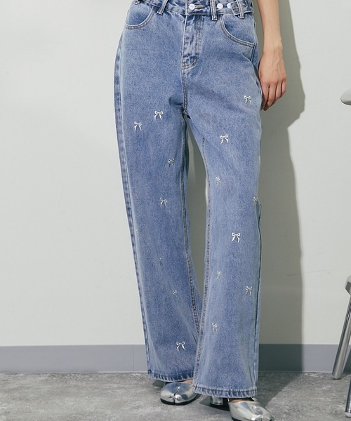 ANOTHER S（アナザーエス）の「リボン刺繍ワイドデニムパンツ（デニムパンツ・レディース・ブルー・S/M/L）」の5枚目の写真