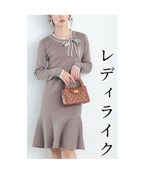 Sawa a la mode(サワアラモード)の「ボウタイリボン付きマーメイドニットワンピース(ワンピース・レディース・モカ/ブラック・FREE)」の6枚目の写真