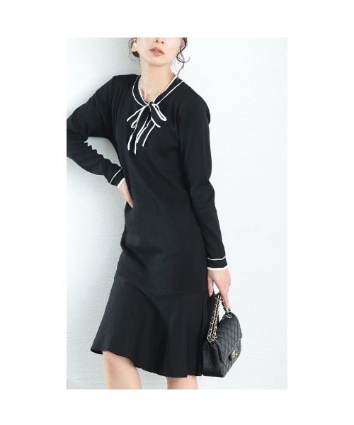 Sawa a la mode(サワアラモード)の「ボウタイリボン付きマーメイドニットワンピース(ワンピース・レディース・モカ/ブラック・FREE)」の14枚目の写真