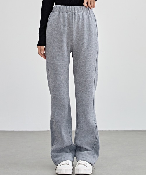 セール】ハイウエスト 裾ジップ ストレート ニット イージーパンツ 裏