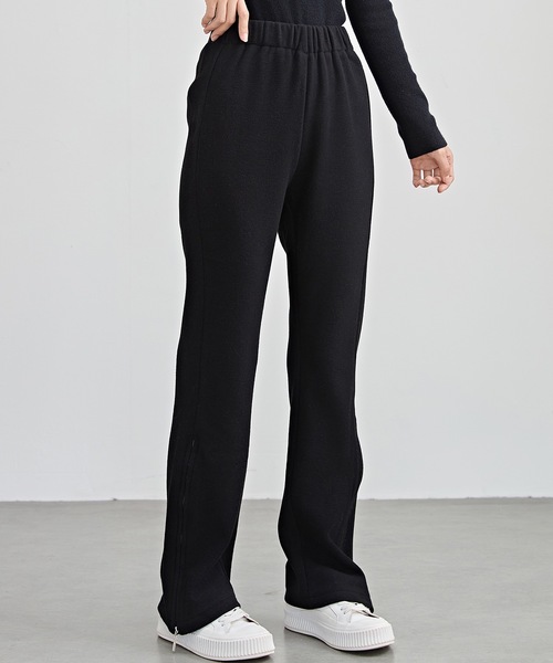 セール】ハイウエスト 裾ジップ ストレート ニット イージーパンツ 裏