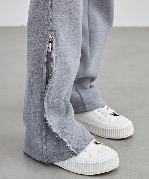 セール】ハイウエスト 裾ジップ ストレート ニット イージーパンツ 裏