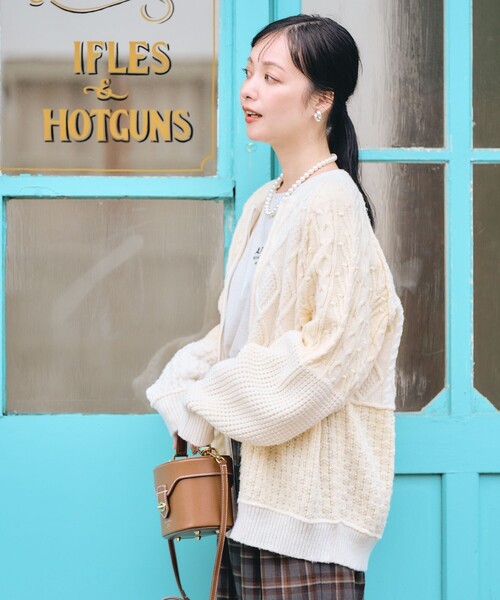 セール】ケーブル パッチワーク ジップカーディガン（ニット/セーター