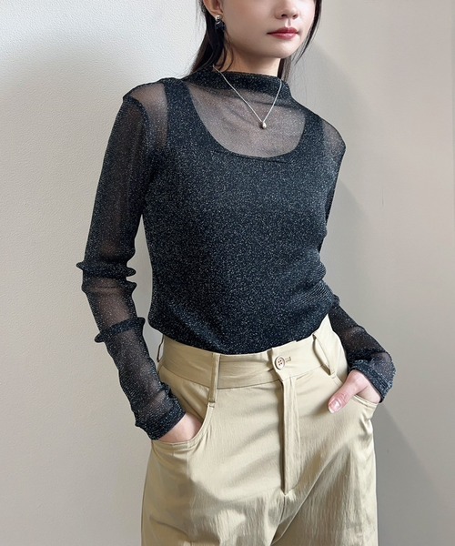セール】ラメシアーハイネック長袖トップス（Tシャツ/カットソー
