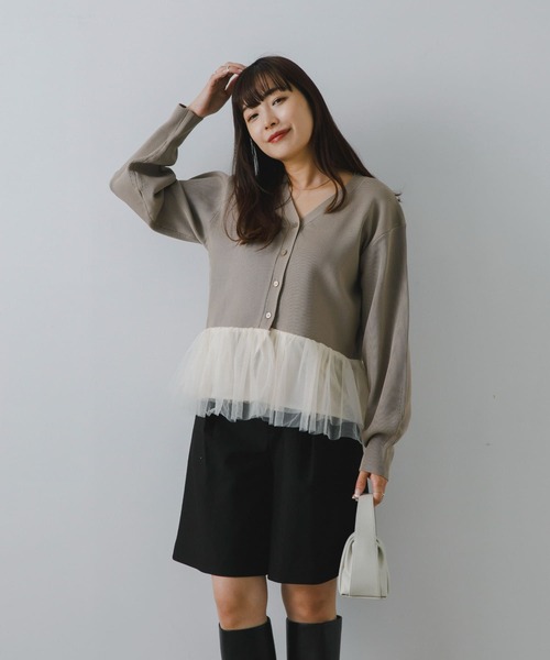 F by ROSSO（エフバイロッソ）の「F by ROSSO　チュールドッキングニットカーディガン（カーディガン/ボレロ・レディース・ブラック/オフホワイト・FREE）」の2枚目の写真