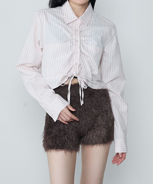 アスページ セール】Multiway front gather stripe cropped shirt / マルチ