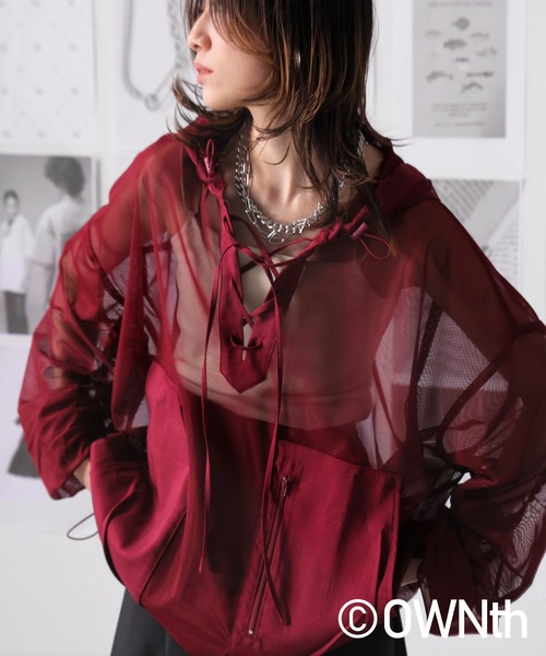 OWNth(オンス)の「ギャザースリーブメッシュプルオーバー(その他トップス・レディース・カーキ/ブラック/レッド・ONESIZE)」の3枚目の写真