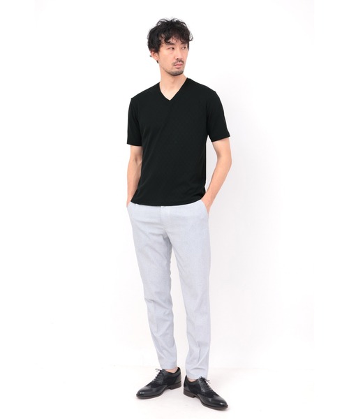 HIGH STREET（ハイストリート）の「HIGH STREET∴バイヤスチェックJQ半袖Vネックカットソー（Tシャツ/カットソー・メンズ・ブラック/ホワイト・L/LL/M）」の4枚目の写真