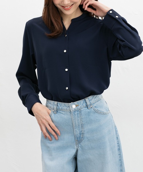 Honeys(ハニーズ)の「スキッパーブラウス(シャツ/ブラウス・レディース・ホワイト×ブラック/グリーン/グレイッシュベージュ/ネイビー/ホワイト・3L/L/LL/M/S)」の5枚目の写真