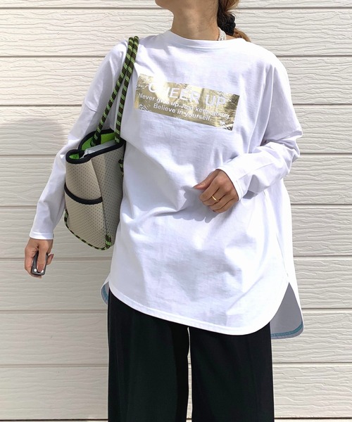 tシャツ スクエア箔プリントロンT レディース セール】スクエア箔プリントロンT（Tシャツ/カットソー）｜Q